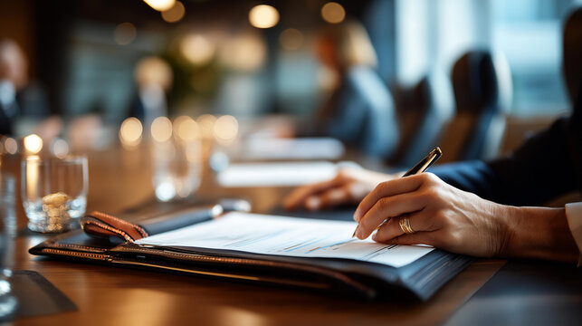 Close up of hands at a bright conference table with a professional leather folder open showing investor meeting agenda and financial documents a fountain pen and a printed