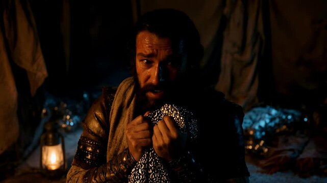 Biblical figure Achan clutching stolen treasure in a dark tent. Man expressing guilt and fear while hiding silver. Sin of Achan concept