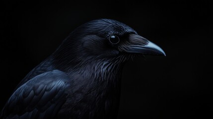 Fototapeta premium Majestic black raven portrait with sleek feathers on dark background, symbolizing mystery and intelligence in wildlife