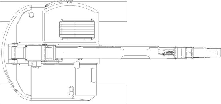 Technical engineering drawing showing a top-down plan view of a crawler crane featuring a long telescopic boom and tracked undercarriage.