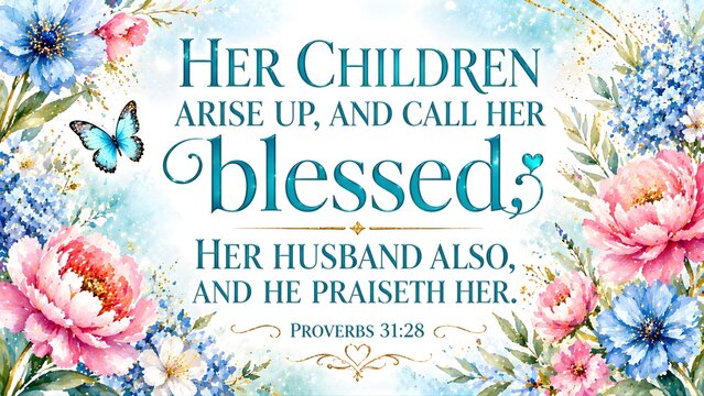 Proverbs 31 Scripture Quote on Beautiful Banner with Watercolor Flowers and Blue Text