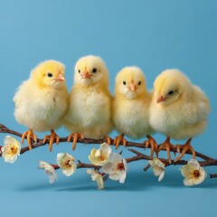 Fototapeta premium Charming yellow chicks on a spring branch