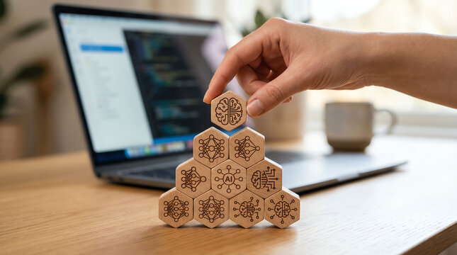Hand carefully places a hexagonal wooden piece on a growing structure, symbolizing strategic development and problem-solving in a modern technology and coding environment