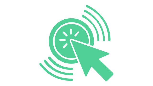 Scalable vector illustration of a mouse cursor clicking a circular button with motion waves, featuring a vibrant blue and green gradient. Ideal for minimalist UX/UI interface design projects.