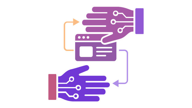 UI animation vector icon illustration featuring cybernetic hands interacting with a digital interface window and flow arrows in a vibrant orange and purple gradient style for web design apps.