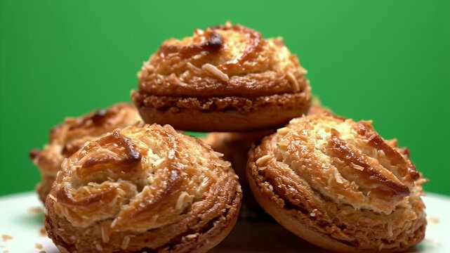 Golden Brown Keto Coconut Macaroons Stacked on White Plate Against Vibrant Green Background with Toasted Coconut Flakes and Soft Lighting