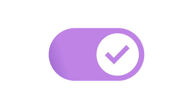 Purple toggle switch icon with a checkmark in the on position, vector illustration for user interface design, minimalist flat style, scalable graphic for web and mobile apps, AI-generated art.
