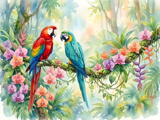 Obraz premium Vibrant Macaw Pair Nestled in a Tropical Watercolor Jungle