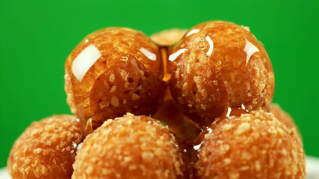 Golden Fried Zalabia Honey Balls Stacked High Drizzled with Golden Syrup on White Plate with Vibrant Green Background Macro Food Photography