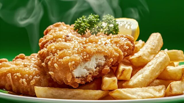Ultra Detailed Cinematic Food Commercial Video of Golden Brown Crispy Fried Fish and Thick Cut Chips Garnished with Parsley and Lemon Wedge on Green Background