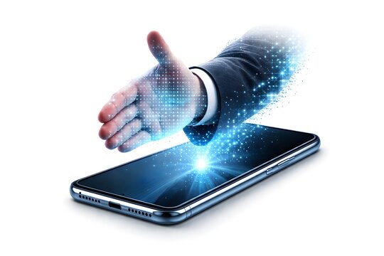 Digitale Hand aus Smartphone reicht zum Handschlag als Symbol f&uuml;r Online Business, virtuelle Zusammenarbeit und digitale Vertrauensbildung