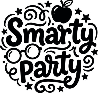 Black and white smarty party lettering with apple and glasses vector art