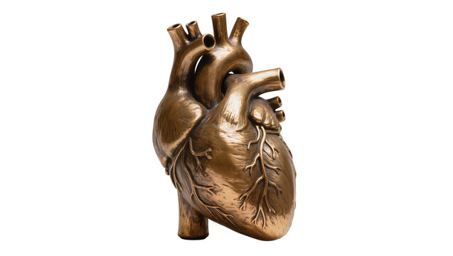 Isolated detailed bronze sculpture depicting a human heart, a symbolic anatomical model.