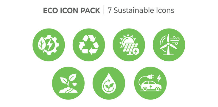 Eco icon pack with 7 sustainable icons, green environmental symbols for renewable energy and recycling, flat vector set for ecology projects