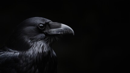 Obraz premium Majestic black raven bird profile portrait on dark background with sharp beak and piercing eyes looking right