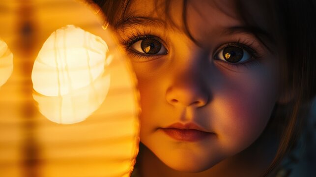 提灯の暖かい光に照らされる子供の顔。夜の室内で光を見つめる幼児のクローズアップ。幻想的な照明と瞳の反射