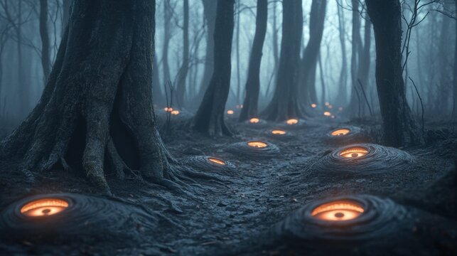 森の地面に埋め込まれた光る目。不気味な監視の視線と霧の風景。ホラーとミステリーの概念