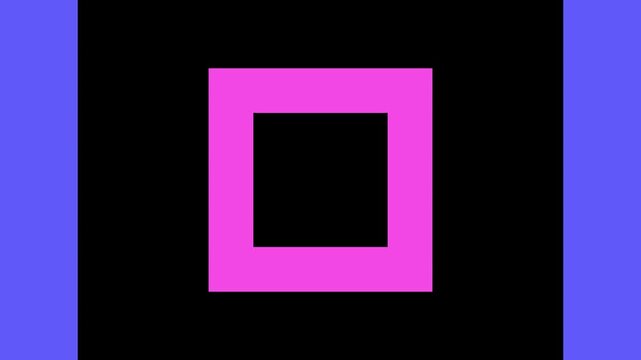 Dynamic scaling square transition with vibrant colors like purple, pink, and yellow. Abstract zoom effect for video background.