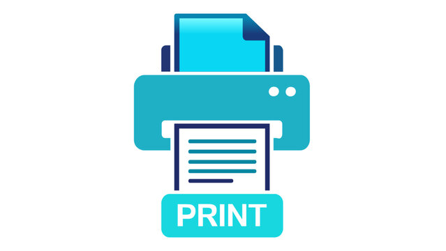 Modern blue gradient printer vector icon and illustration showing a document being printed with the word PRINT, ideal for office technology, business services, and digital media design.