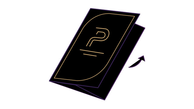 Elegant black and gold pamphlet vector illustration featuring a stylized letter P logo, depicting a folded brochure or flyer for print media, marketing, and business branding identity.