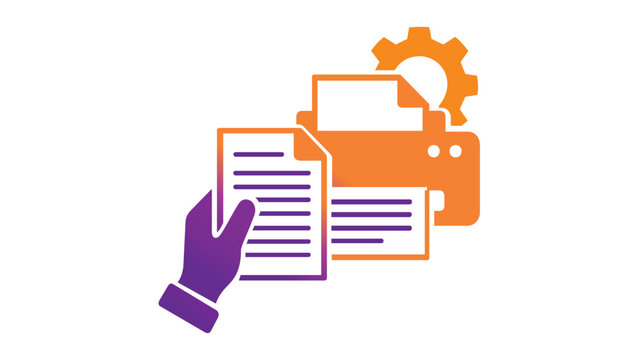 Vibrant gradient vector illustration of a hand holding a printed document next to a printer and gear icon, representing professional office printing services, document management, and setup.