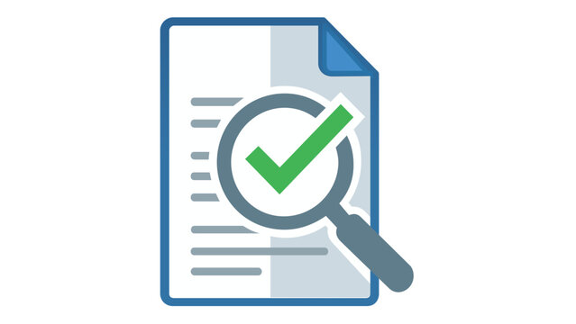 AI-generated vector icon illustration of a document with a magnifying glass and a green checkmark, symbolizing quality control, print finishing, verification, audit, and successful search results.