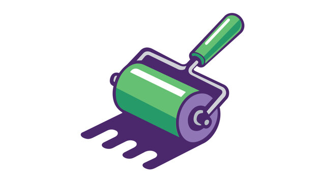 Isometric vector illustration of a green print roller brayer applying purple ink. Minimalist flat design icon for printmaking, art studio, graphic design, and craft projects. Scalable AI-generated