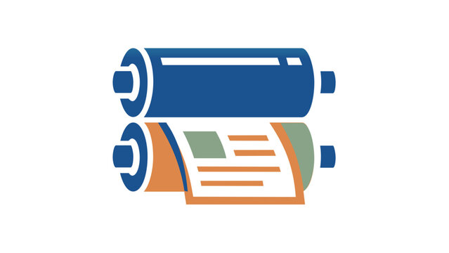 Professional vector illustration of a printing press icon featuring rotating rollers and a printed document, designed with a modern blue and orange gradient for publishing and media industries.