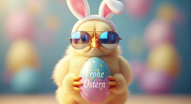 A cute chick wearing bunny ears and sunglasses holds a colorful Easter egg with a festive message.