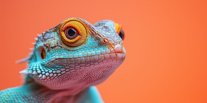 Vibrant turquoise lizard with orange eye and pink underbelly against orange background, close-up portrait