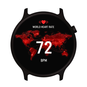 Fitness smartwatch heart rate display on round screen.