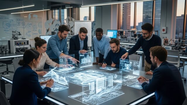 Collaborative Vision: A team of diverse professionals gathers around a futuristic table, examining holographic architectural models and data visualizations. 