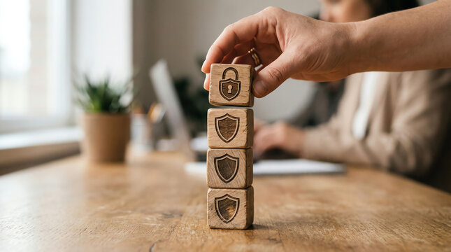 Hand arranging wooden blocks with security icons, symbolizing data protection strategy in a modern business environment