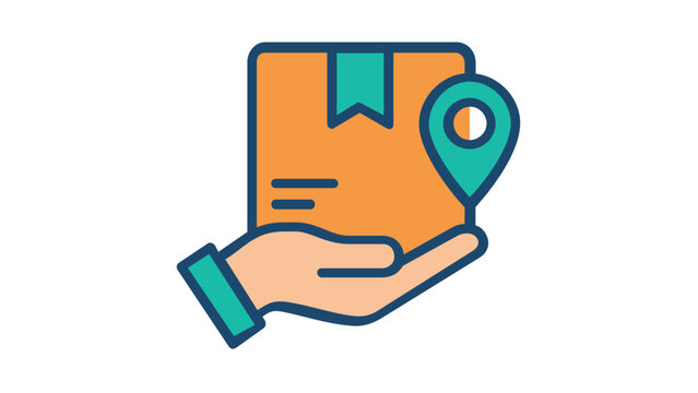 Colorful flat vector icon illustration of a hand holding a cardboard shipping box with a location pin, symbolizing package tracking, delivery logistics, e-commerce fulfillment, and shipping.