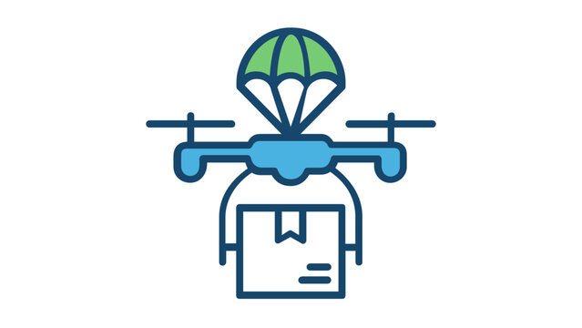 AI-generated vector icon illustration of a blue delivery drone transporting a package box with a green parachute, symbolizing fast shipping, modern logistics, and automated courier services.