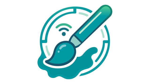 Professional green vector icon illustration of a paintbrush with paint splash and signal symbol, representing digital packaging design, creative art software, and smart branding solutions.