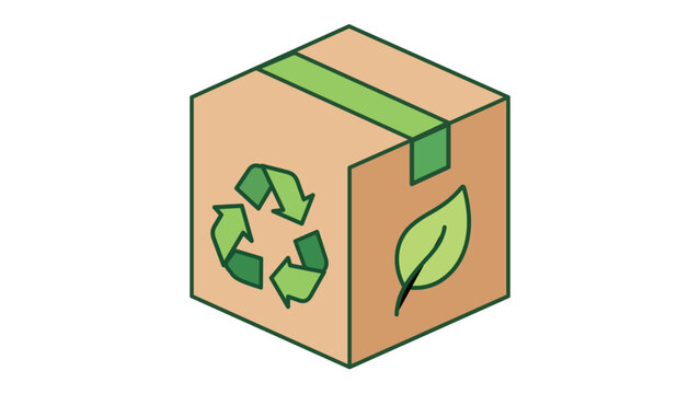 Sustainable cardboard shipping box vector icon illustration with green recycle logo and leaf emblem. Minimalist flat isometric design for eco-friendly packaging and delivery services.