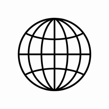 Minimalist black flat vector globe icon with geometric grid lines representing global networking and connectivity, isolated on white background for modern corporate branding and web design.