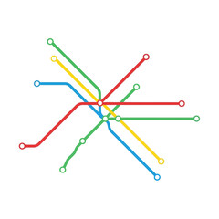 Minimalist diagram of a public transport network, featuring multicolored lines and stations, symbolizing urban connectivity and travel efficiency
