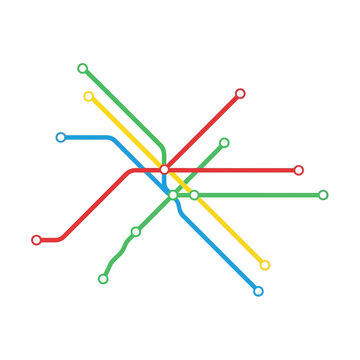 Minimalist diagram of a public transport network, featuring multicolored lines and stations, symbolizing urban connectivity and travel efficiency