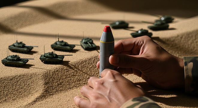 Soldier placing nuclear missile model in sand with toy tanks. Geopolitical military strategy and global nuclear threat concept. Diplomatic crisis and failed international negotiation.