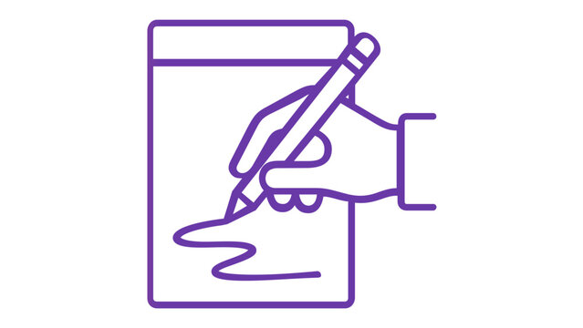 Vibrant gradient vector icon illustration of a hand holding a pencil and drawing on a digital tablet or paper, representing creativity, artistic process, sketching, and design concepts.