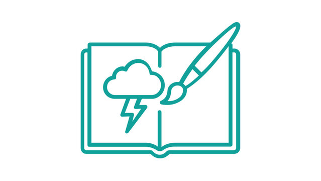Creative Digital Illustration Vector Icon Featuring an Open Book with a Storm Cloud and Lightning Bolt Being Painted by a Brush, Representing Artistic Inspiration and Storytelling Concepts.