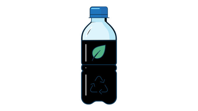 Eco-friendly plastic water bottle vector icon featuring a green leaf and recycling symbol. Minimalist flat illustration representing sustainable packaging and environmental conservation.