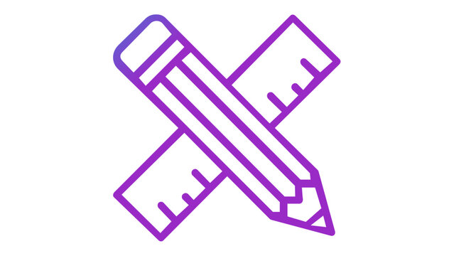 Minimalist vector icon illustration featuring a crossed pencil and ruler with a vibrant blue to purple gradient. Professional design tool symbol for education, architecture, and art projects.