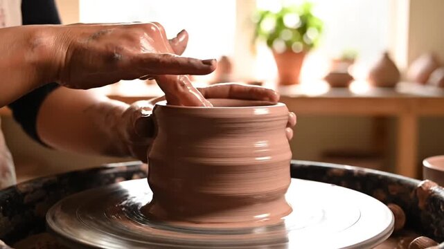 Artisan hands shaping clay on pottery wheel in studio