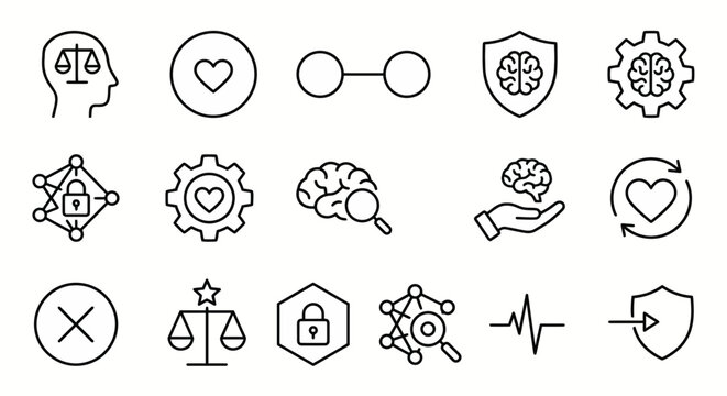 Maximum ultra-simplified AI ethics and safety web icons in line art style. Symbols of algorithmic fairness, AI alignment, and responsible innovation. Clean black and white vector illustration with edi