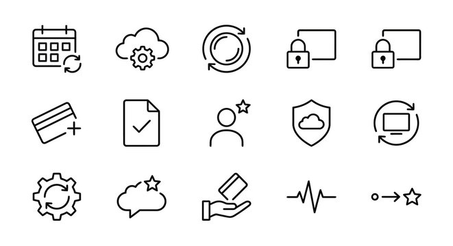 Maximum ultra-simplified subscription services and SaaS web icons in line art style. Symbols of recurring payments, cloud-based software, and digital membership tiers. Clean black and white vector ill