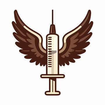 Vintage flat vector illustration of a single winged medical syringe isolated on a solid white background, symbolizing healthcare, vaccination, and medicine.