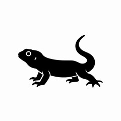 Fototapeta premium Minimalist black silhouette of a single monitor lizard crawling, flat vector illustration of a wild reptile isolated on white background, predator animal icon for nature and wildlife concepts.